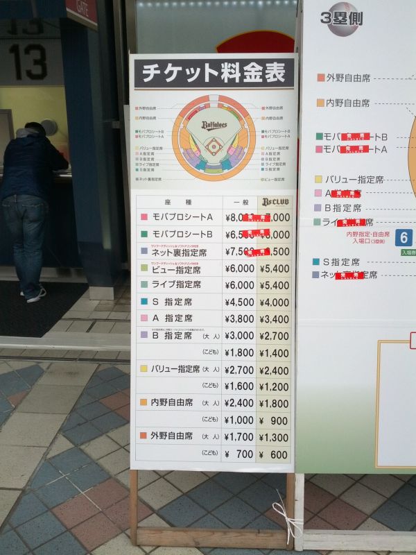 本日のチケット料金表