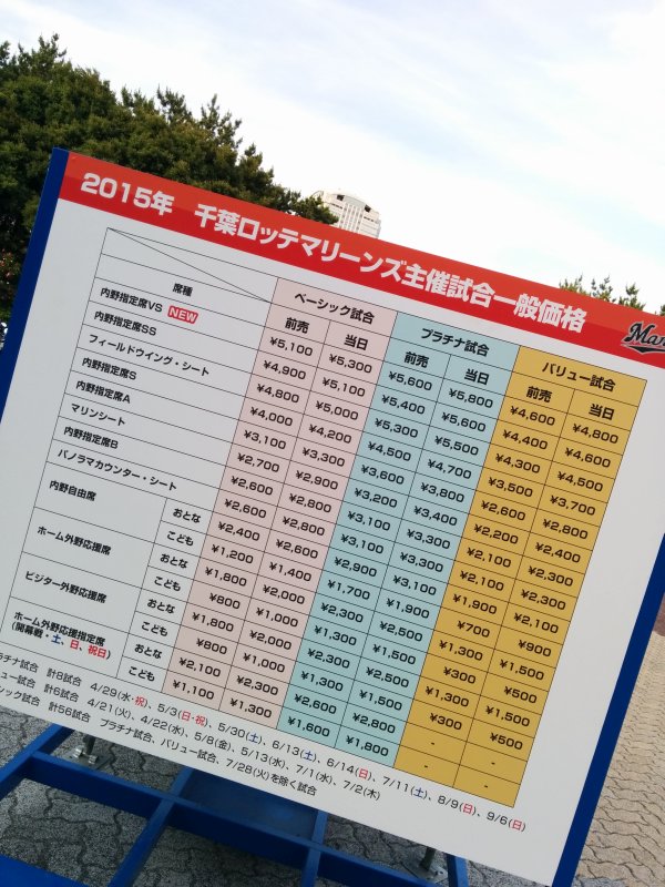 千葉ロッテマリーンズ主催試合一般価格