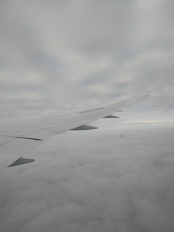 雲と雲の間を飛行中