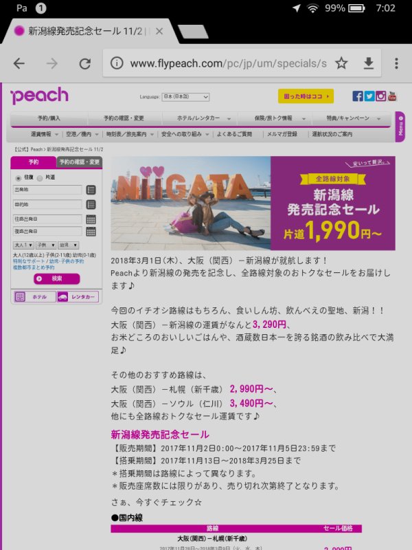 Peachで新潟線