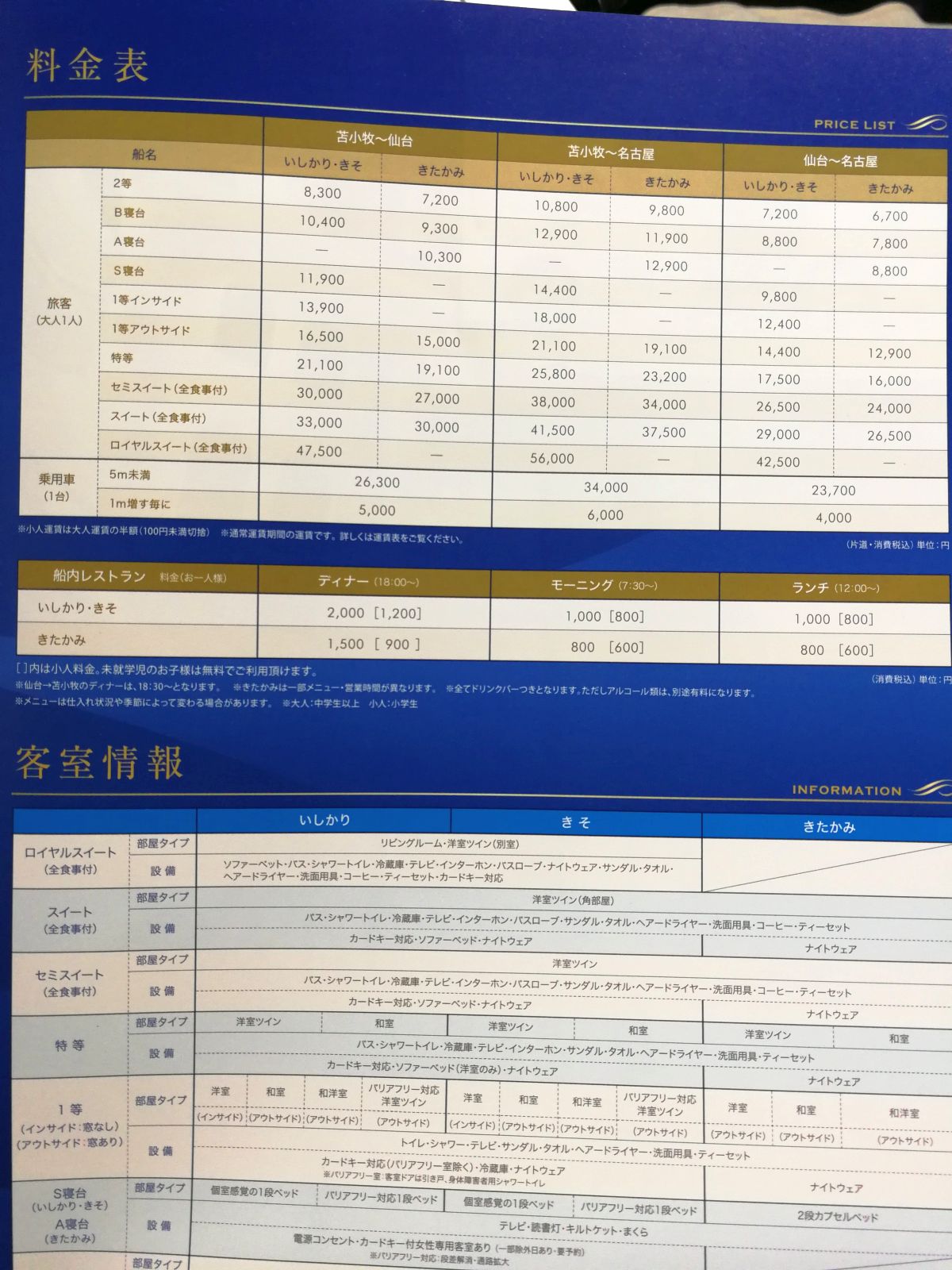 料金表と客室情報