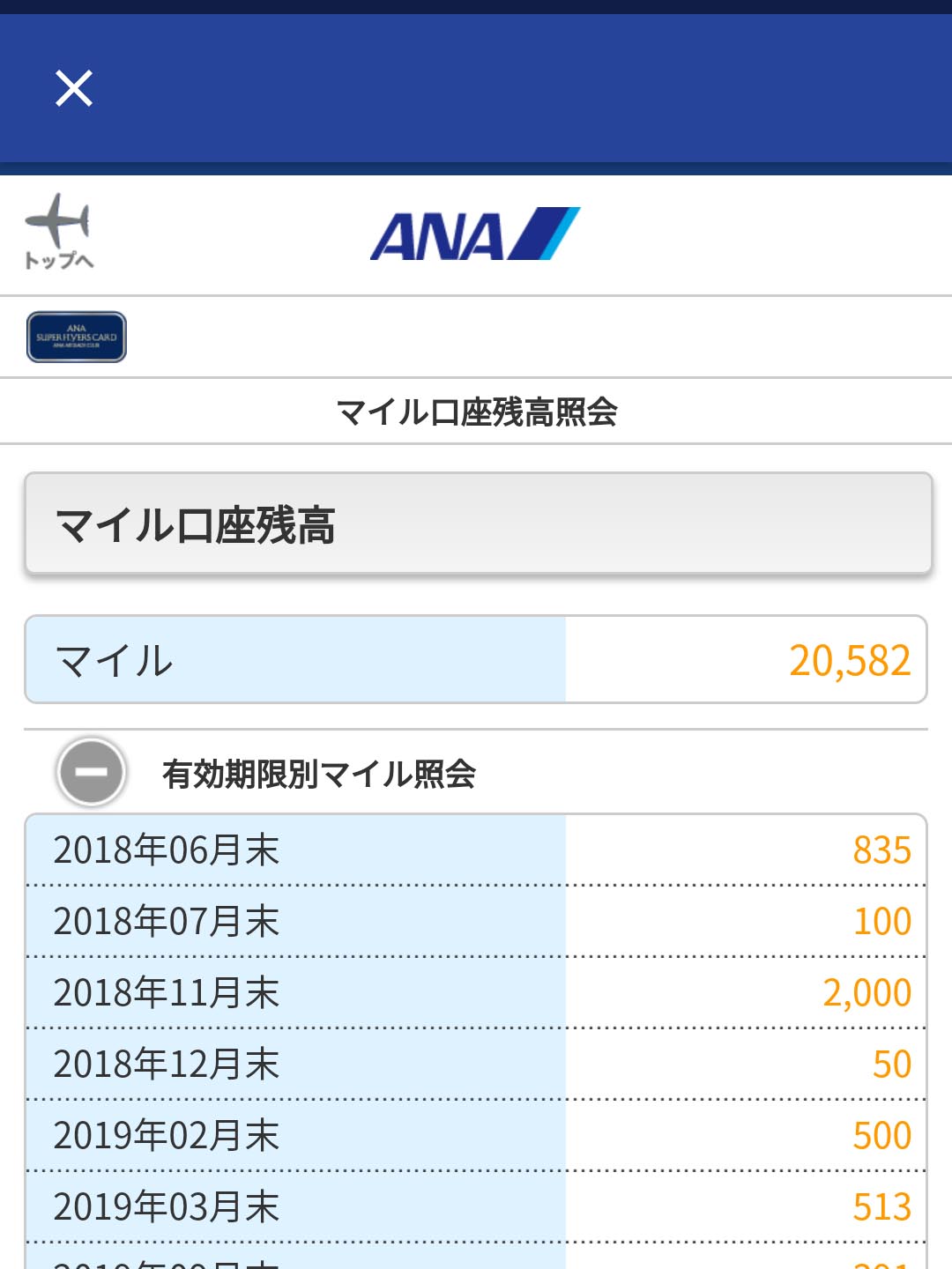 有効期限別マイル照会