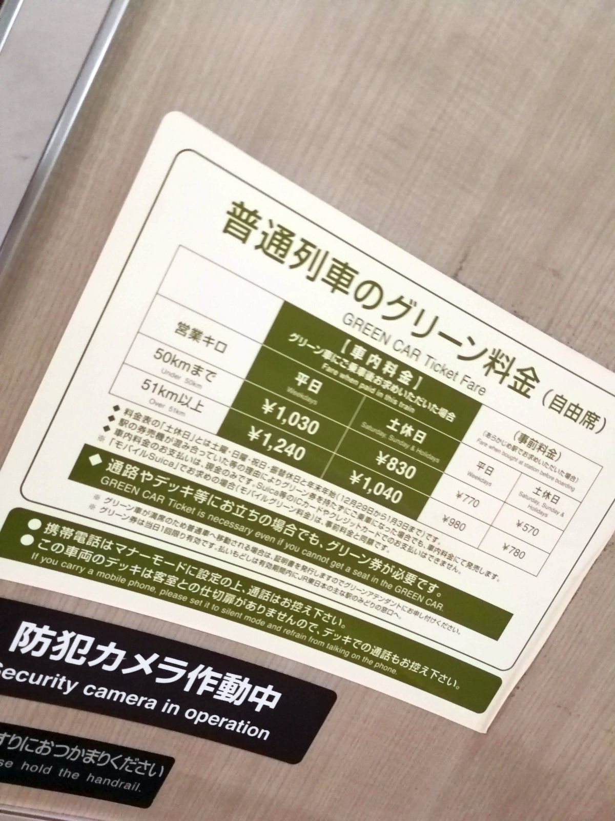 普通列車のグリーン料金