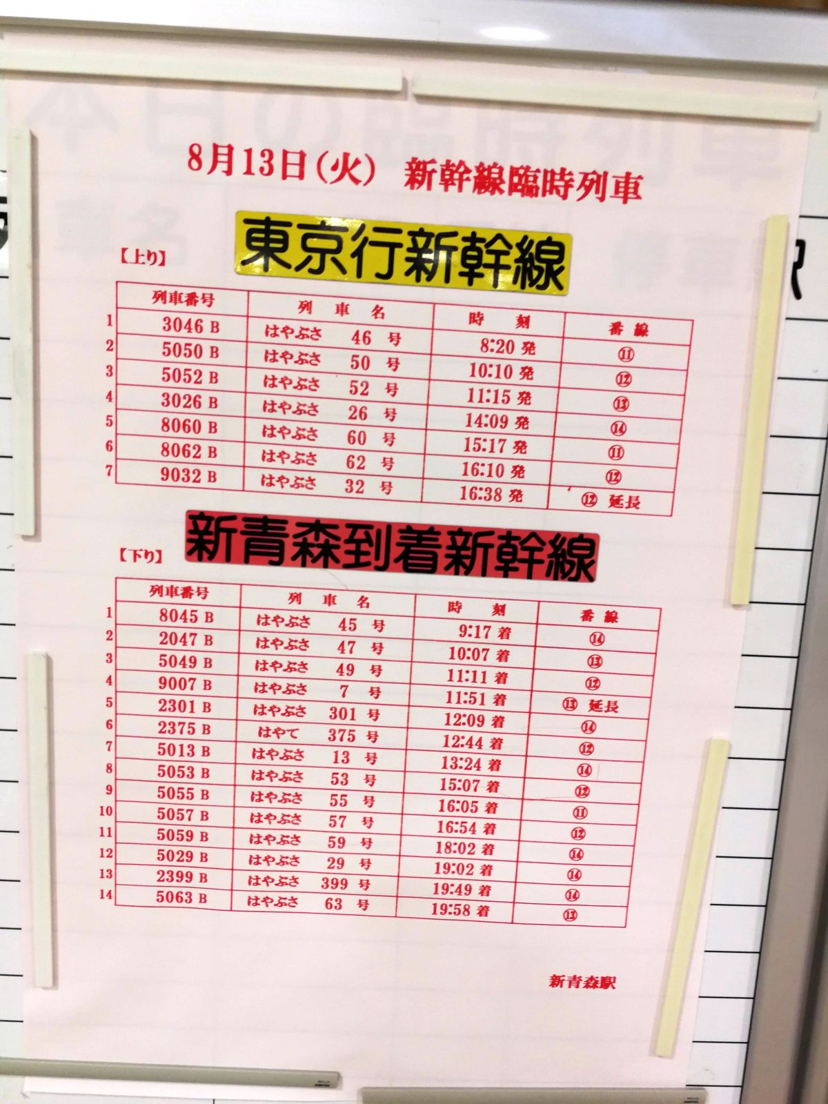 本日の新幹線臨時列車