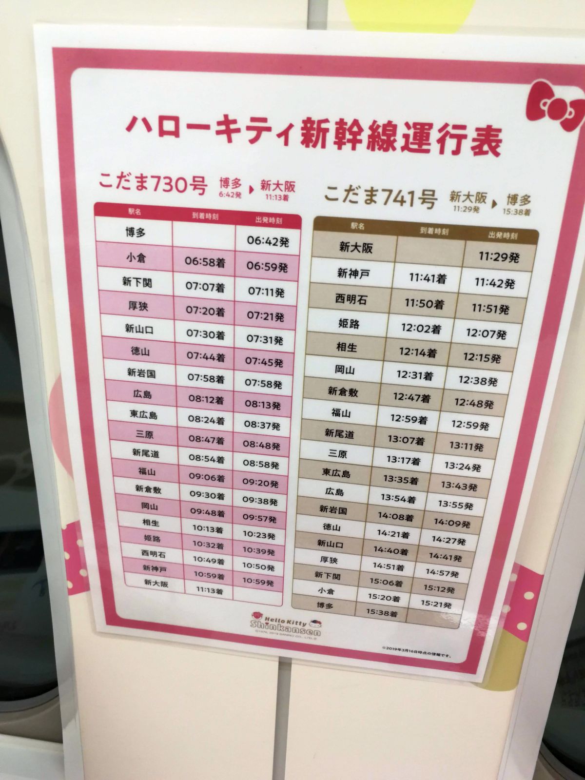 ハローキティ新幹線運行表