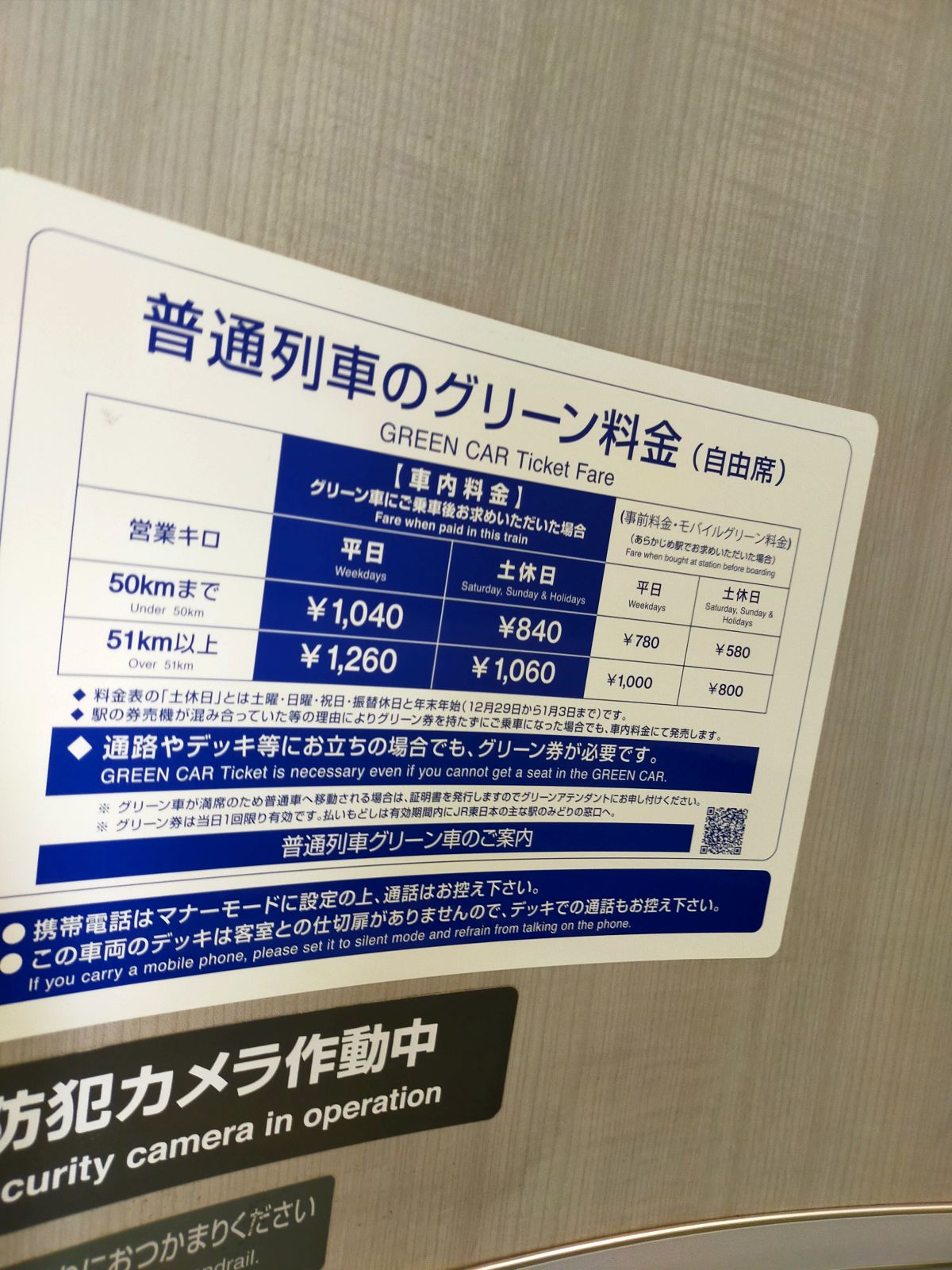 普通列車のグリーン料金
