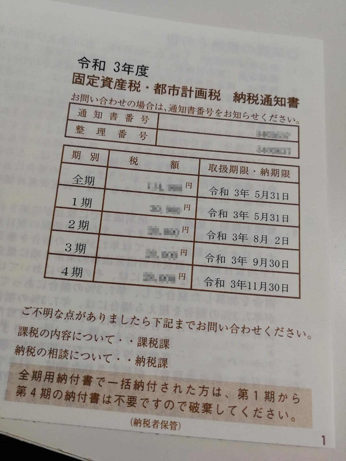 固定資産税・都市計画税 納税通知書