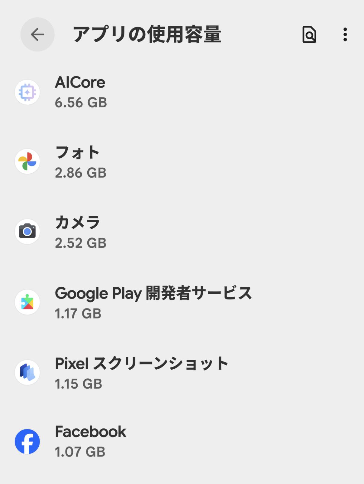 アプリの使用容量
