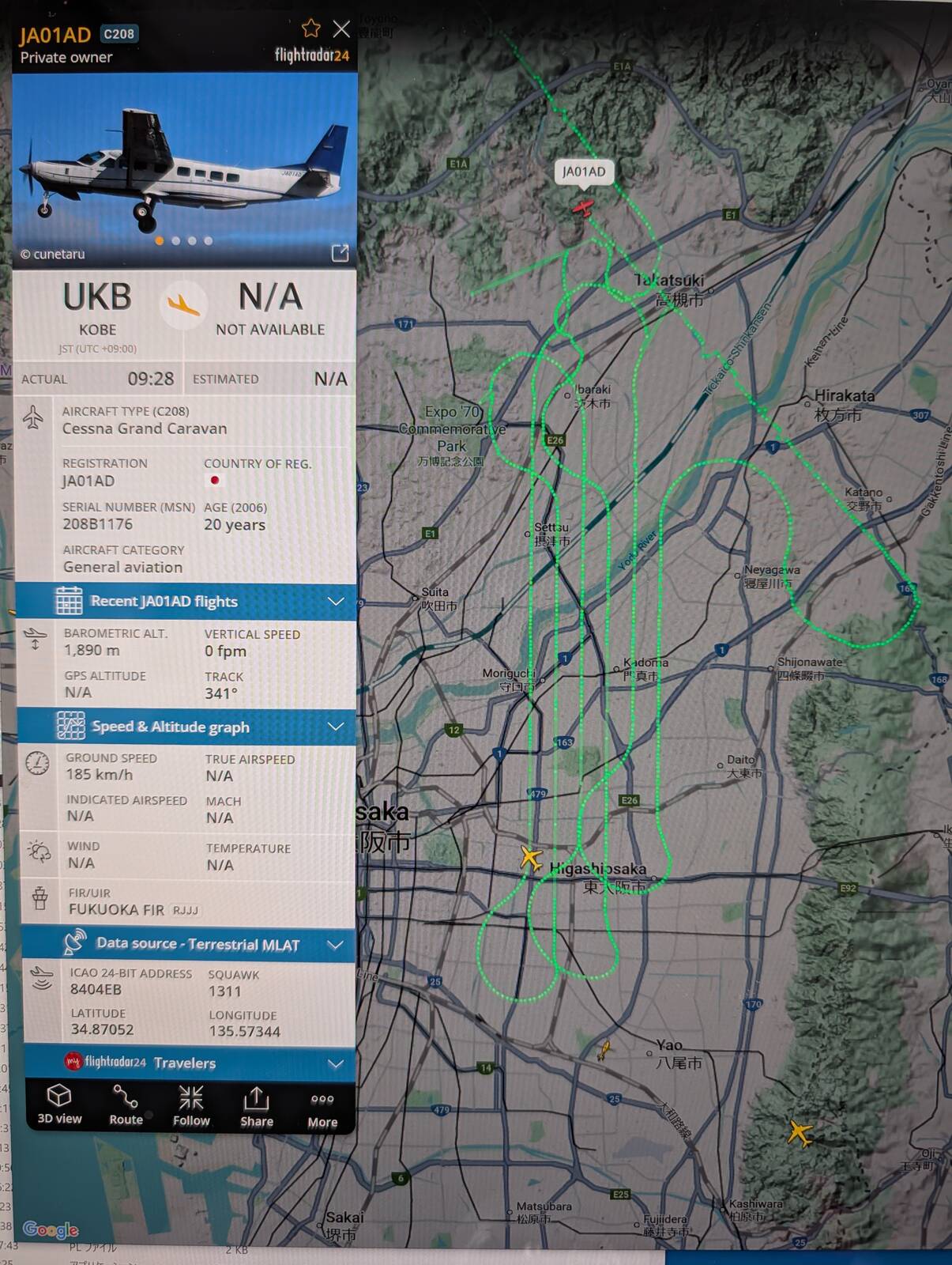 セスナ機の飛行経路