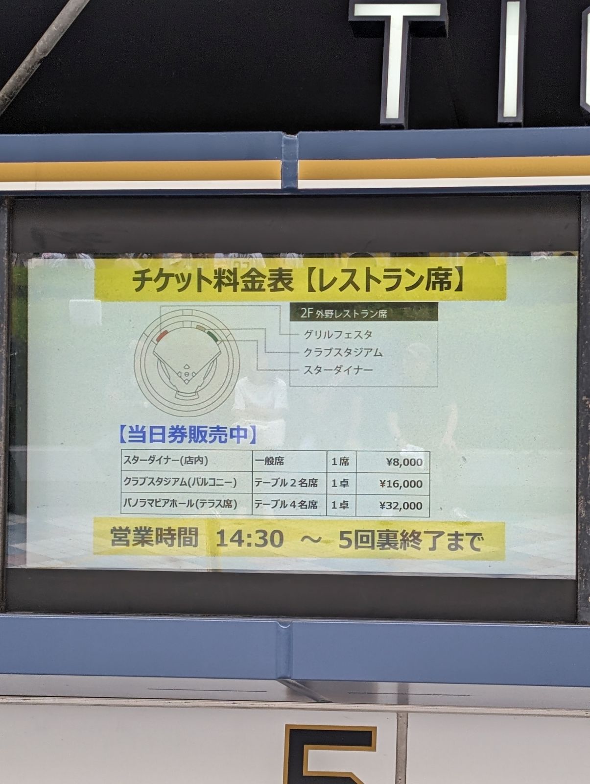 レストラン席のチケット料金表