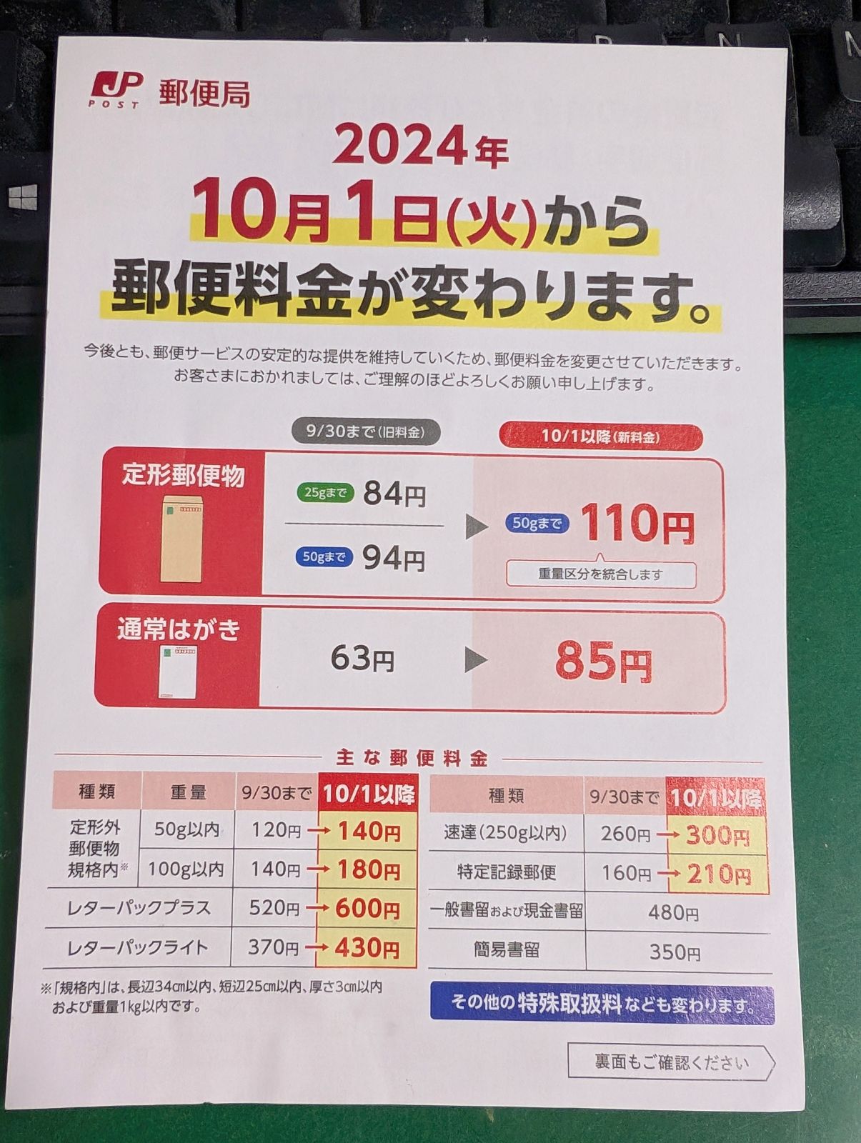 郵便料金が変わります