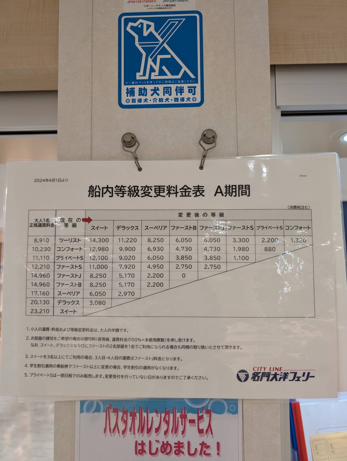 船内等級変更料金表